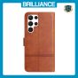 Brilliance LUX Samsung S24 Ultra Flip Book PU Leather Wallet ShockProof Cowhide Texture with Wrist Strap Case Brown