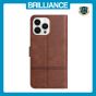 Brilliance LUX iPhone 14 Pro Flip PU Leather Wallet ShockProof Imprinted Cowhide Texture with Wrist Strap Case Dark Brown
