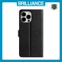 Brilliance LUX iPhone 15 Pro Flip PU Leather Wallet Silk Print Card Pockets with Wrist Strap Case Black
