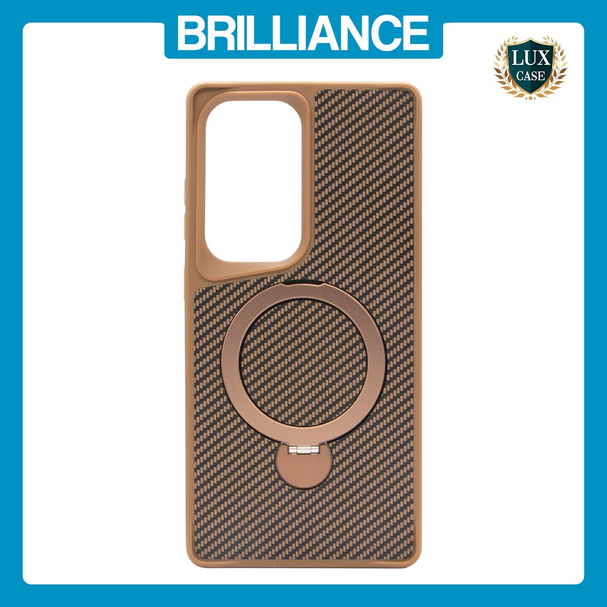 Brilliance LUX iPhone S25 Ultra 360° Rotating Magnetic Metal Bracket Carbon Fiber Pattern Matte PC+TPU Phone case Gold