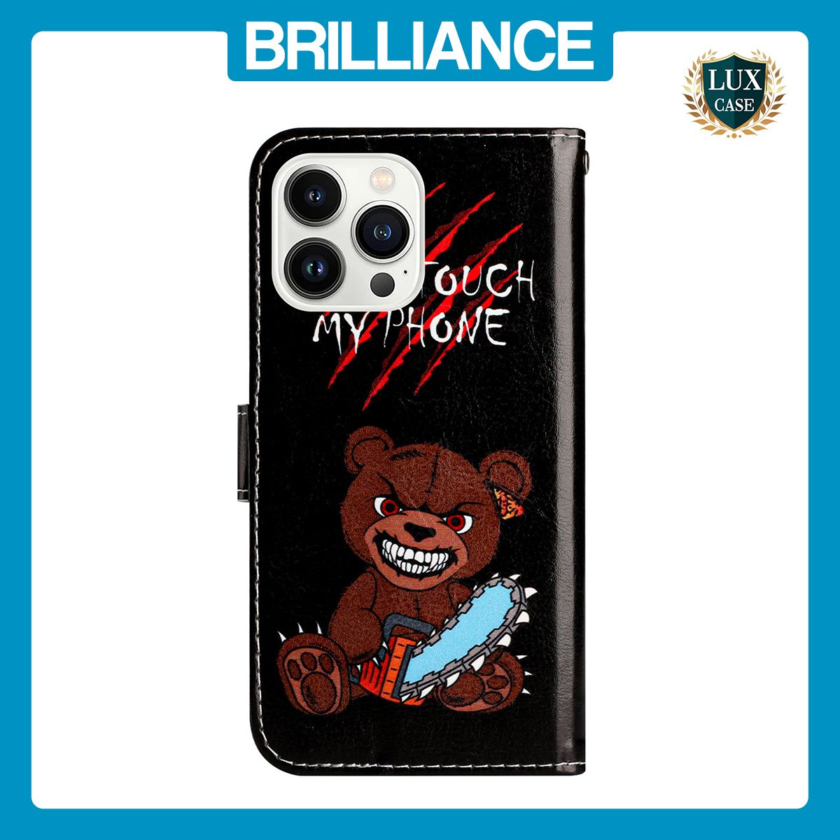 Brilliance LUX iPhone 15 Pro Flip PU Leather Wallet 3D Print Bear with Wrist Strap Case
