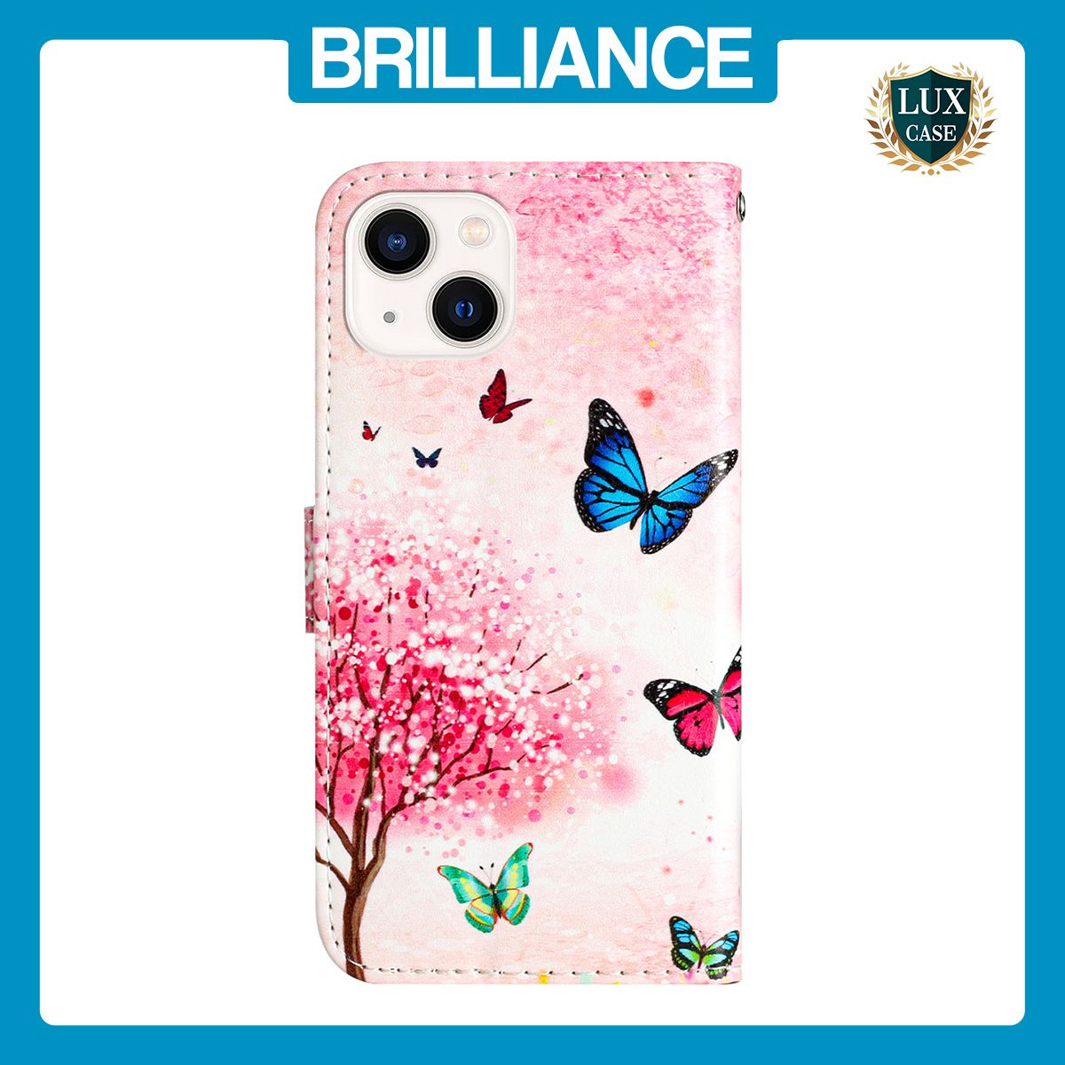 Brilliance LUX iPhone 14 Plus Flip PU Leather Wallet 3D Print Cartoon Butterfly Flower with Wrist Strap Case