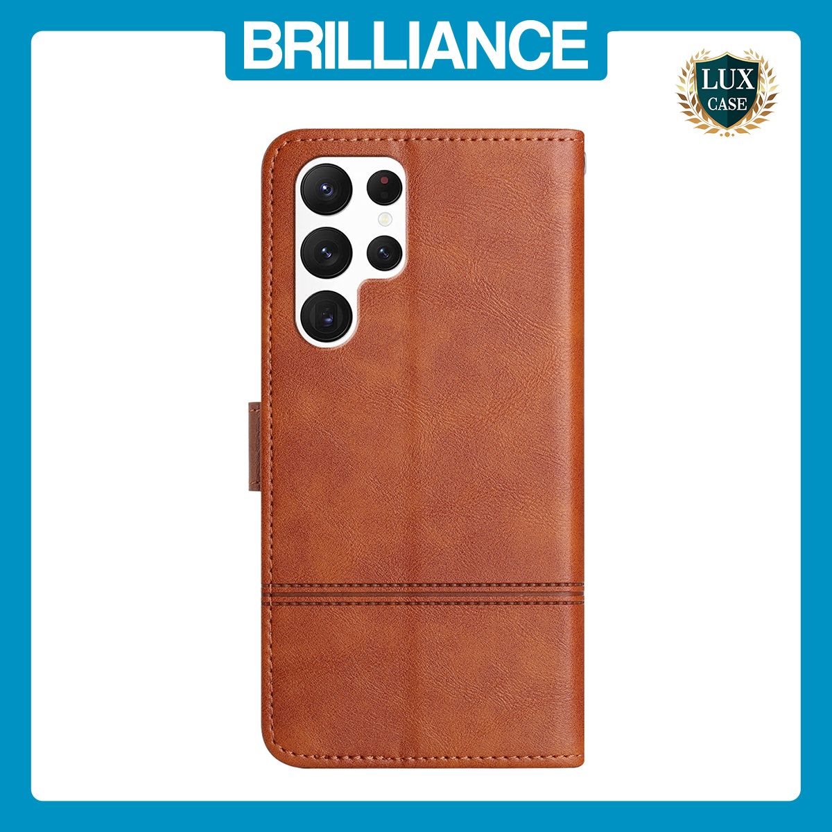 Brilliance LUX Samsung S23 Ultra Flip Book PU Leather Wallet ShockProof Cowhide Texture with Wrist Strap Case Brown
