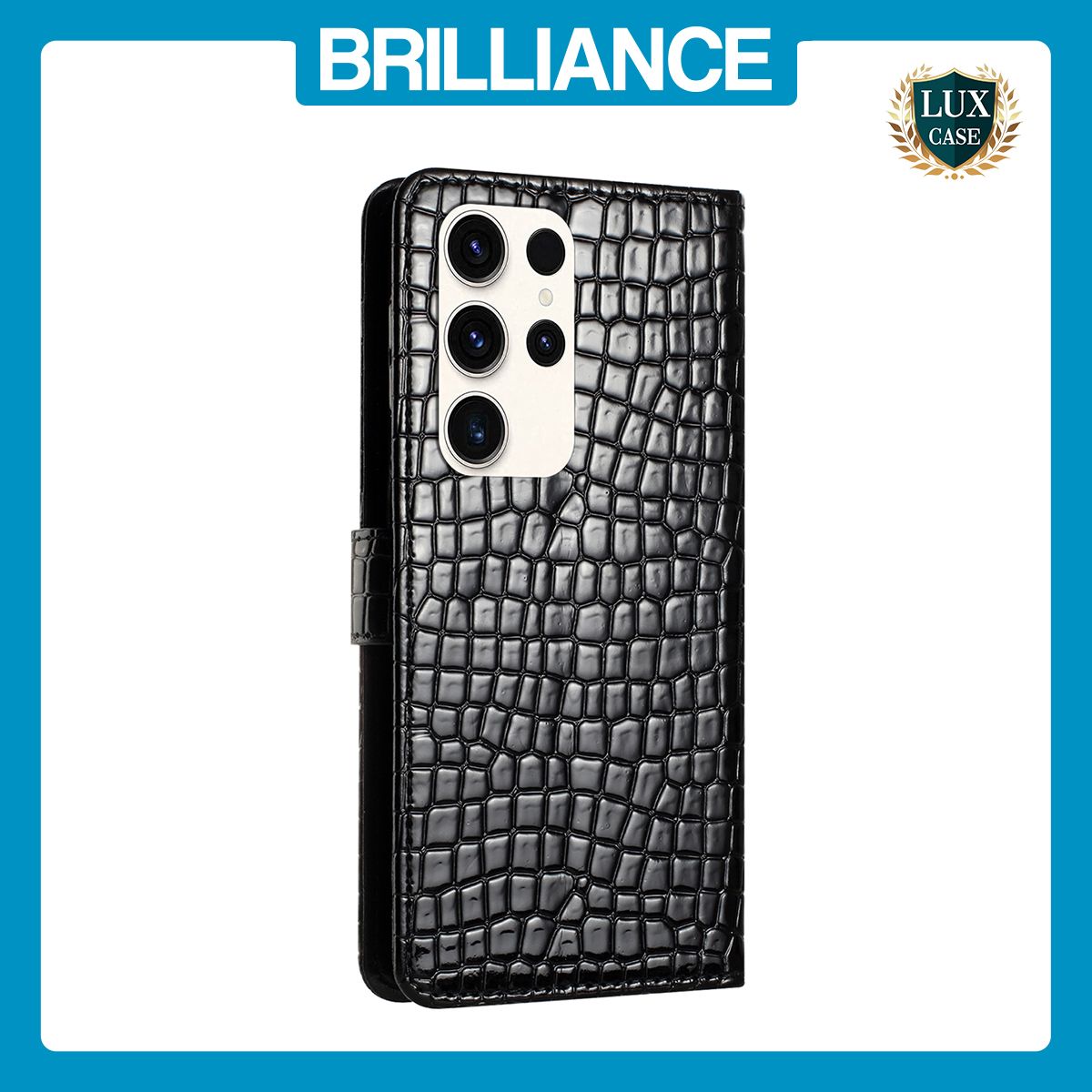 Brilliance LUX Samsung S24 Ultra Flip PU Leather Wallet Crocodile Print Card Pockets with Wrist Strap Case Black