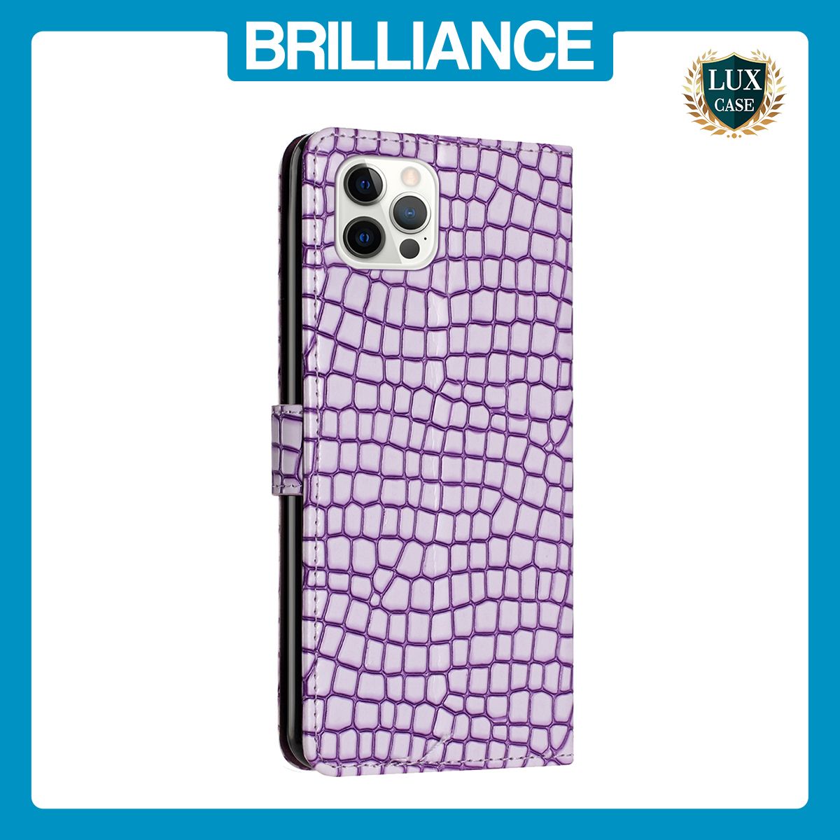 Brilliance LUX iPhone 12 Pro Max Flip PU Leather Wallet Crocodile Print Card Pockets with Wrist Strap Case Purple