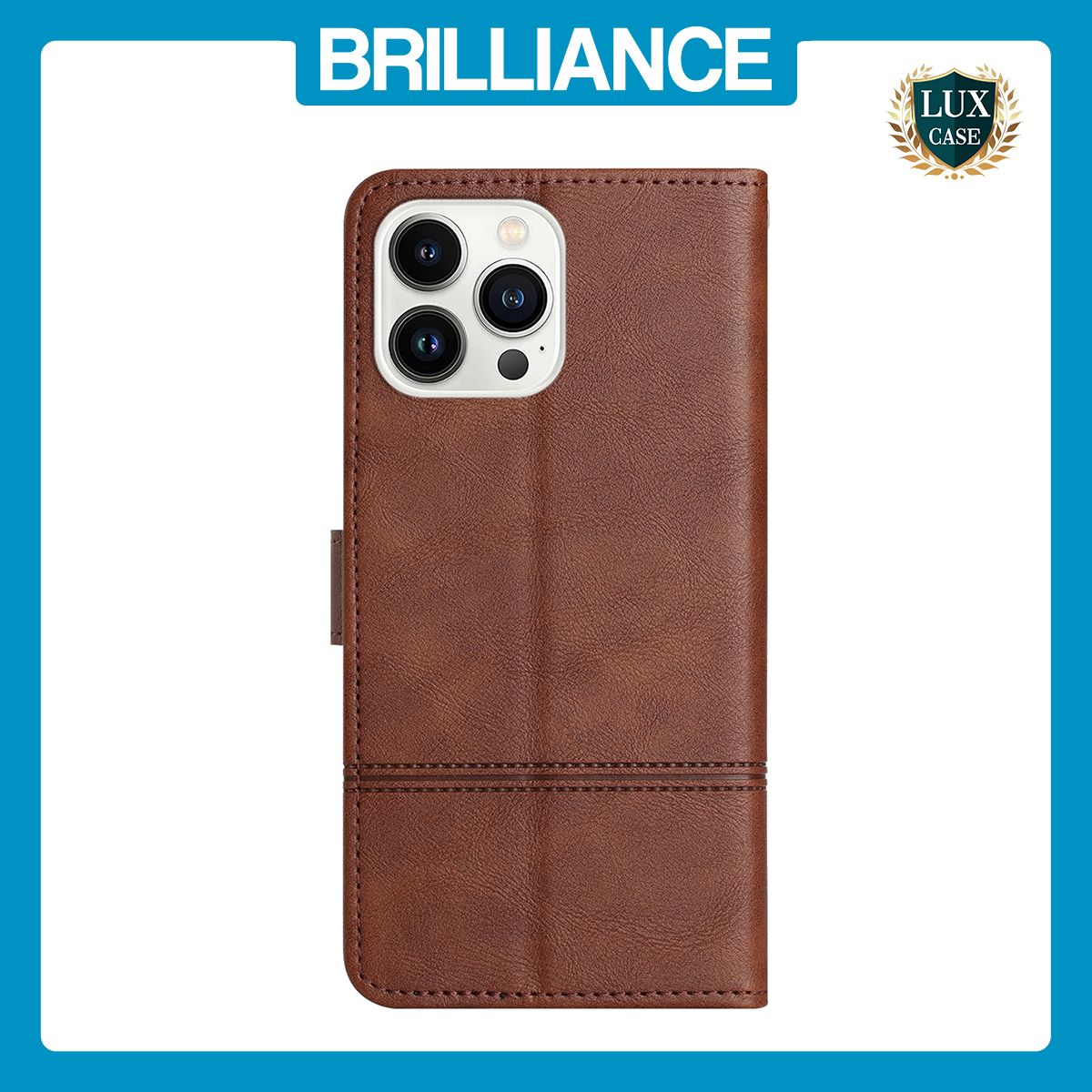 Brilliance LUX iPhone 14 Pro Flip PU Leather Wallet ShockProof Imprinted Cowhide Texture with Wrist Strap Case Dark Brown