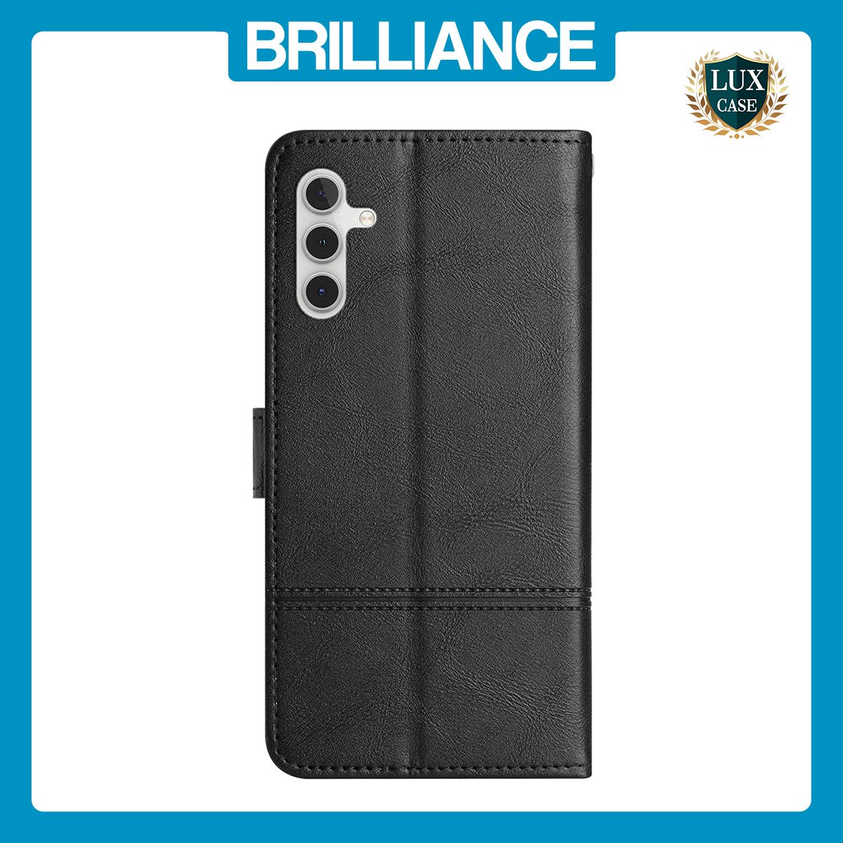 Brilliance LUX Samsung A25 5G Flip PU Leather Wallet ShockProof Imprinted Cowhide Texture with Wrist Strap Case Black
