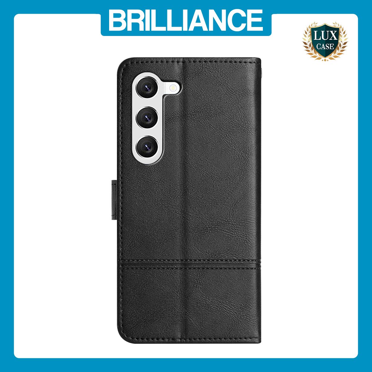 Brilliance LUX Samsung S24 Plus Flip PU Leather Wallet ShockProof Imprinted Cowhide Texture with Wrist Strap Case Black
