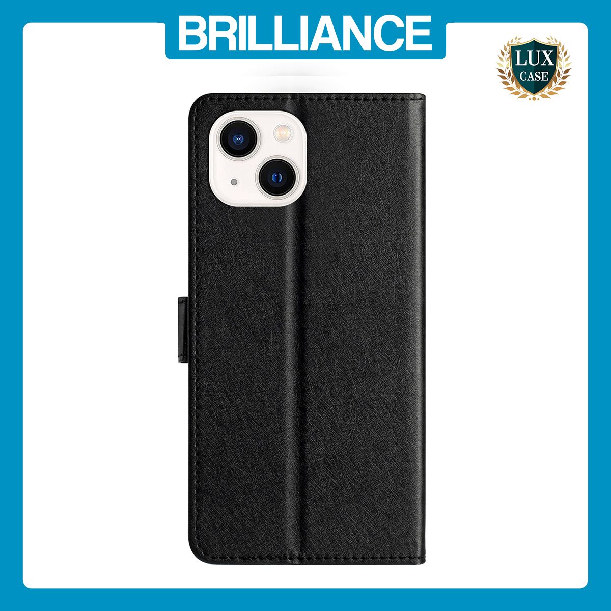 Brilliance LUX iPhone 15 Flip PU Leather Wallet Silk Print Card Pockets with Wrist Strap Case Black