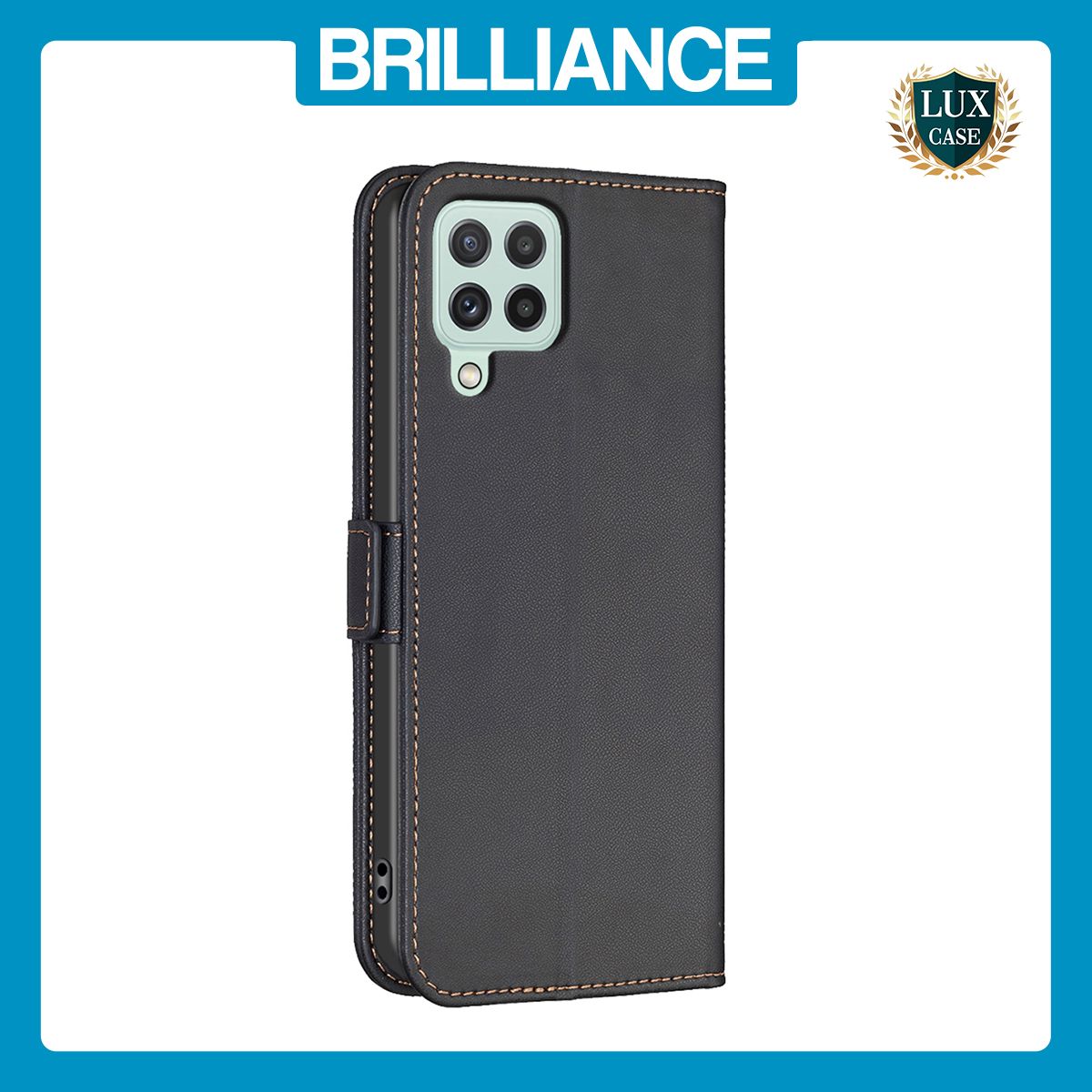 Brilliance LUX Samsung A12 Flip Book PU Leather Wallet  Holder & Stand with Card Pockets Case Black