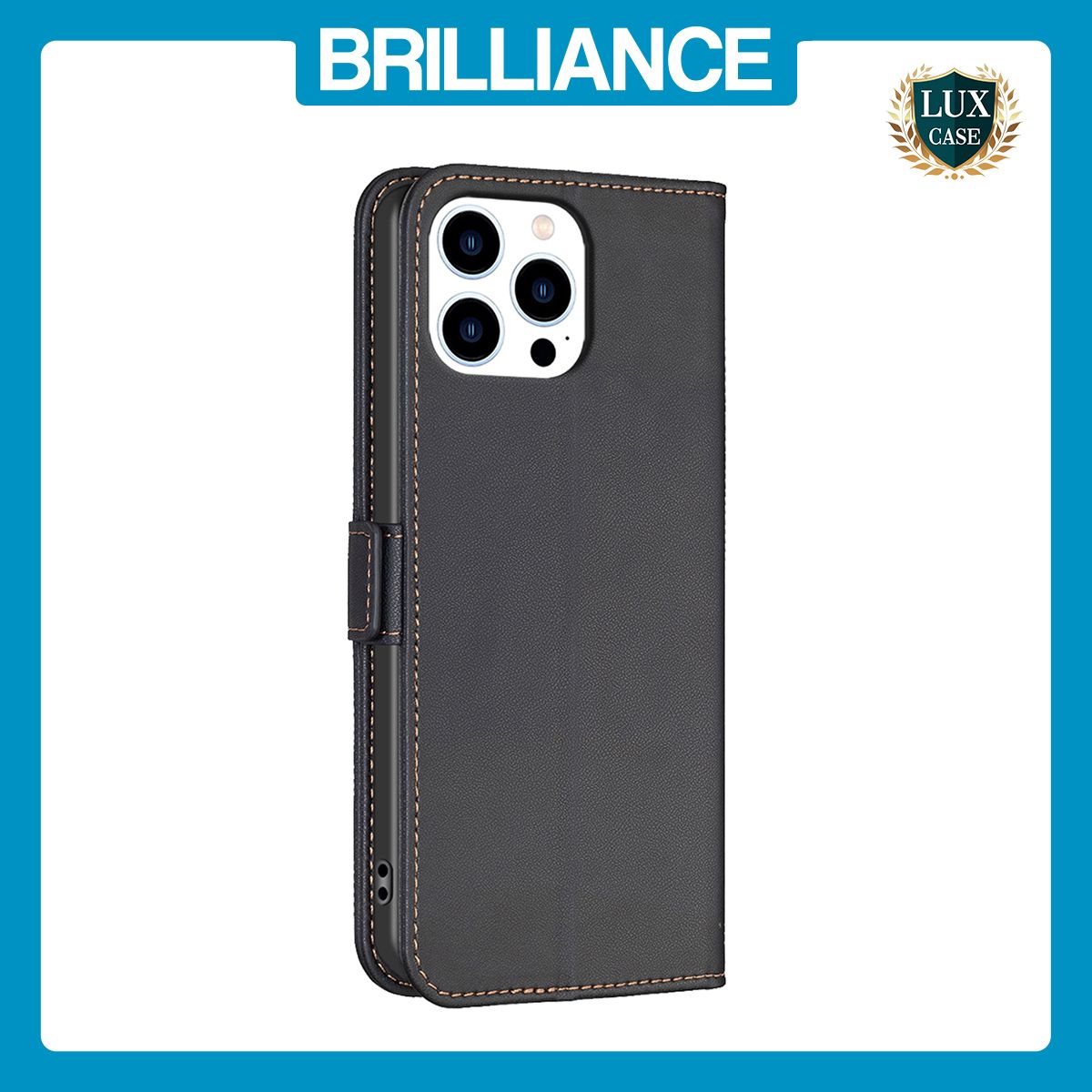 Brilliance LUX iPhone 14 Pro Max Flip Book PU Leather Wallet Holder & Stand with Card Pockets Case Black