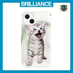 Brilliance LUX iPhone 13 Flip PU Leather Wallet 3D Print Cat with Wrist Strap Case