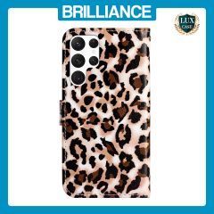 Brilliance LUX Samsung S23 Ultra Flip PU Leather Wallet 3D Print Leopard with Wrist Strap Case