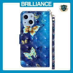 Brilliance LUX iPhone 13 Flip PU Leather Wallet 3D Print Butterfly with Wrist Strap Case Blue