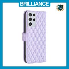 Brilliance LUX Samsung S21 Ultra Flip Book PU real Leather Wallet Holder & Kickstand with Card Pockets Case Purple