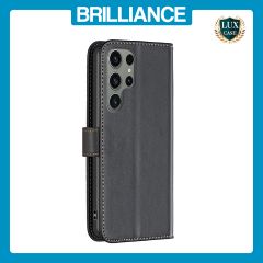 Brilliance LUX Samsung S23 Ultra Flip Book PU Genuine Leather Detachable Strong Magnetic Wallet with Card Pockets Case Black